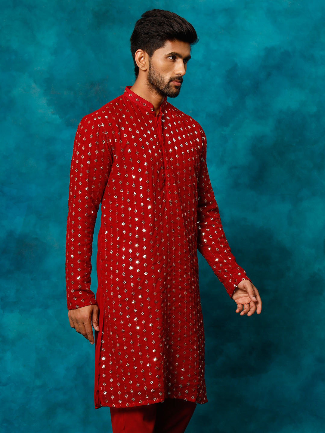 VASTRAMAY Men's Maroon Georgette Sequins Kurta