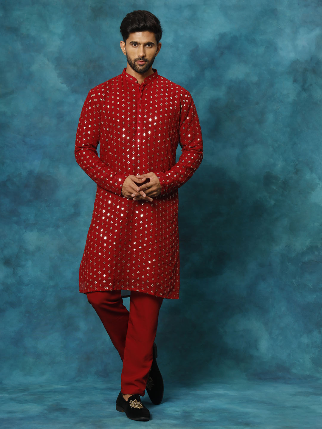 VASTRAMAY Men's Maroon Georgette Sequins Kurta