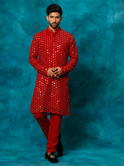 VASTRAMAY Men's Maroon Georgette Sequins Kurta