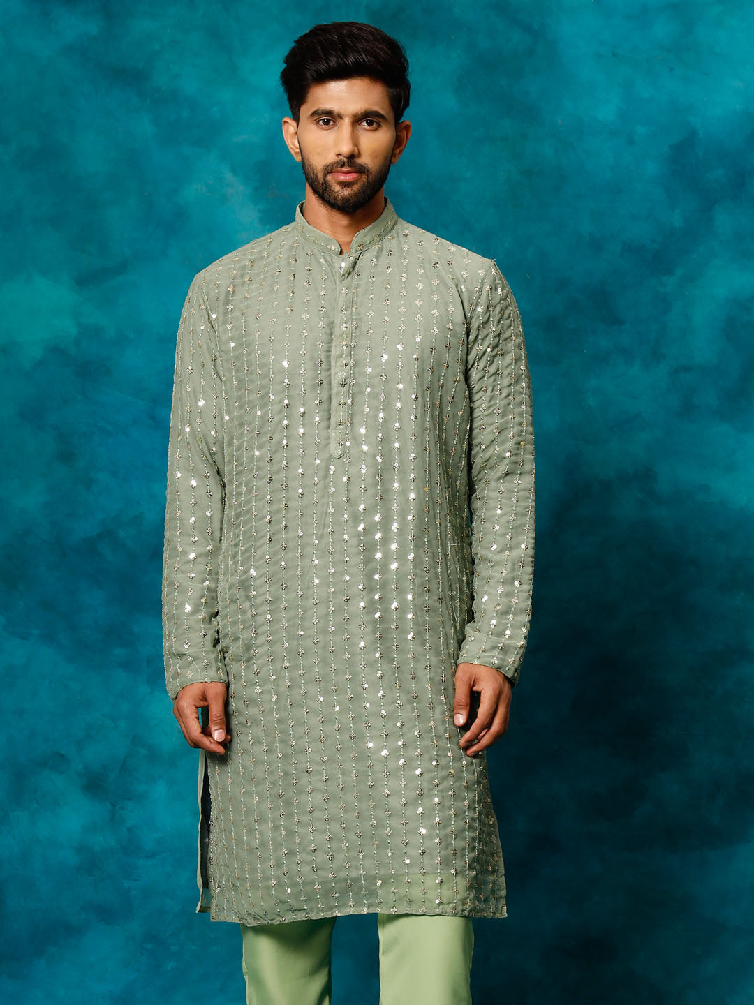 VASTRAMAY Men's Mint Green Georgette Sequins Kurta