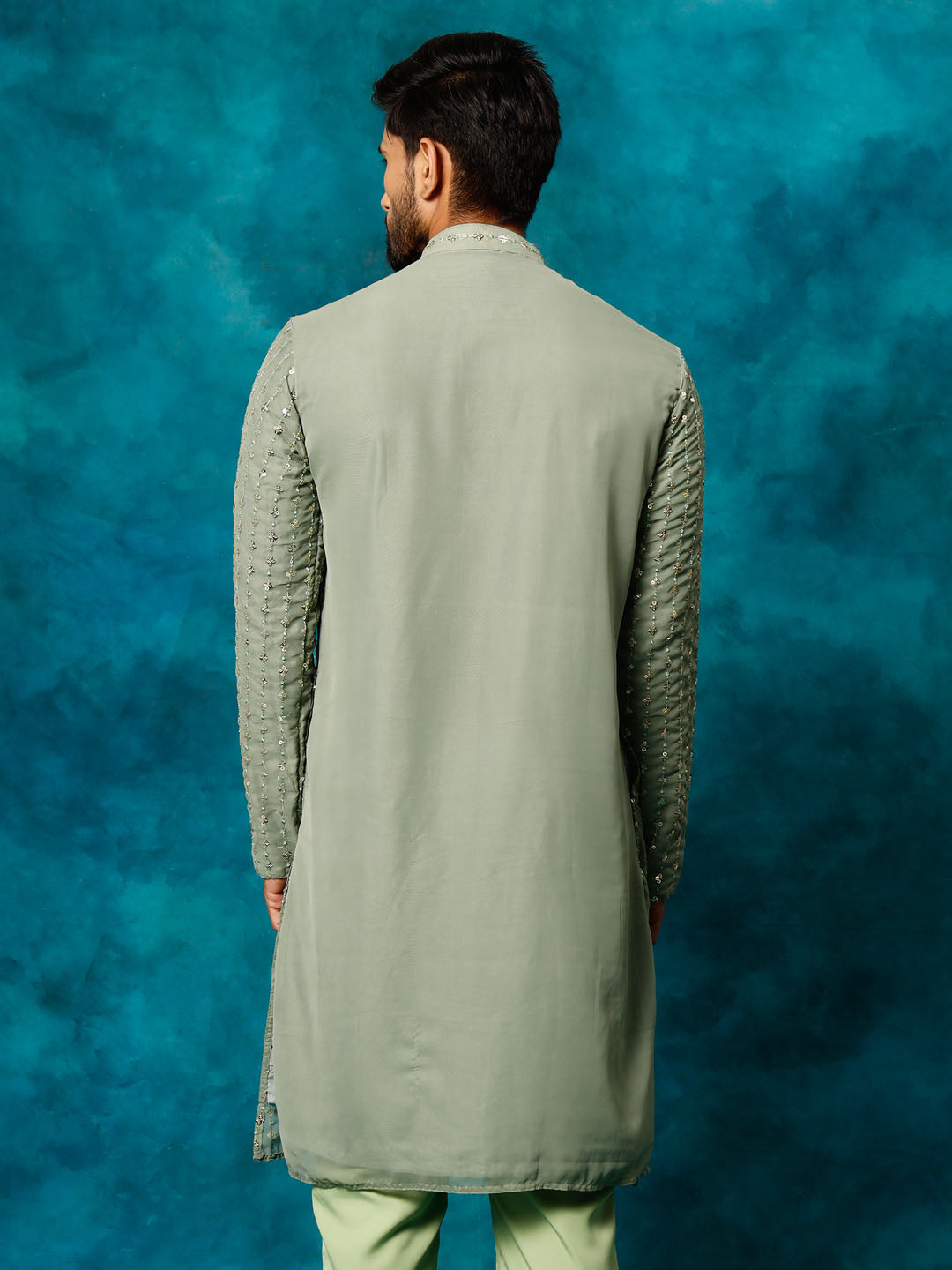 Vastramay Men's Mint Green Georgette Sequins  Kurta