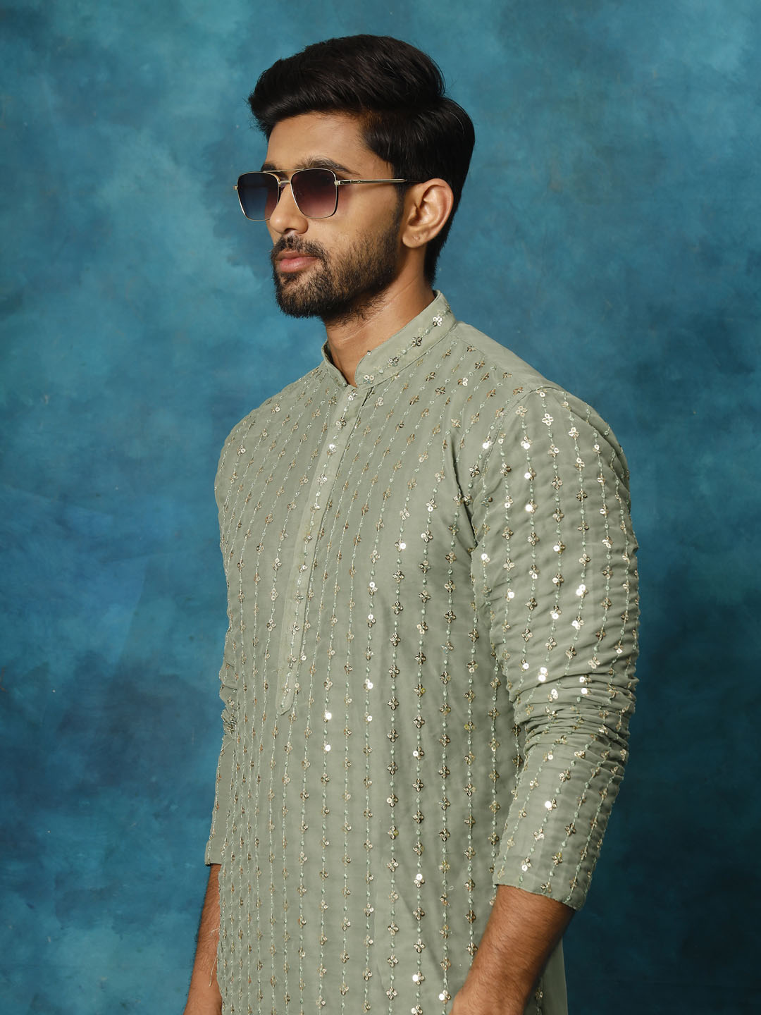 Vastramay Men's Mint Green Georgette Sequins  Kurta