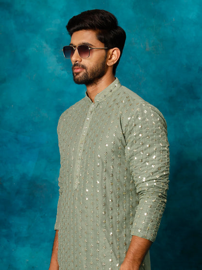 Vastramay Men's Mint Green Georgette Sequins  Kurta