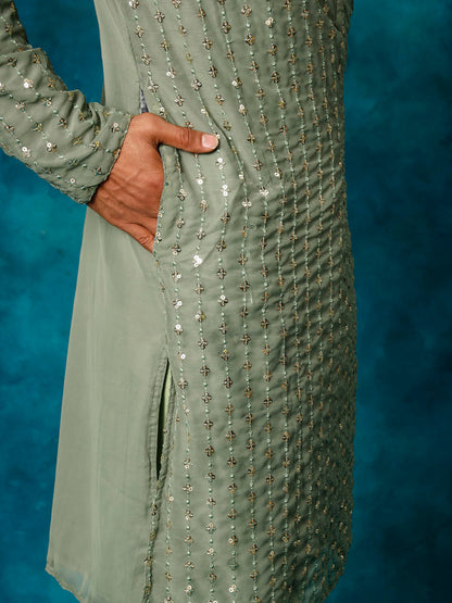 VASTRAMAY Men's Mint Green Georgette Sequins Kurta