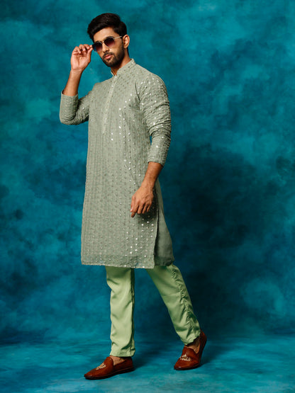 Vastramay Men's Mint Green Georgette Sequins  Kurta