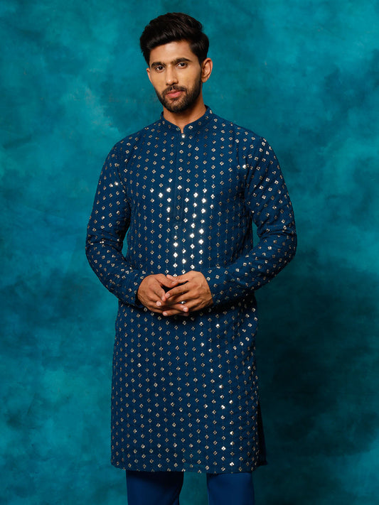 VASTRAMAY Men's Navy Blue Georgette Sequins Kurta