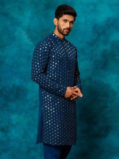 VASTRAMAY Men's Navy Blue Georgette Sequins Kurta