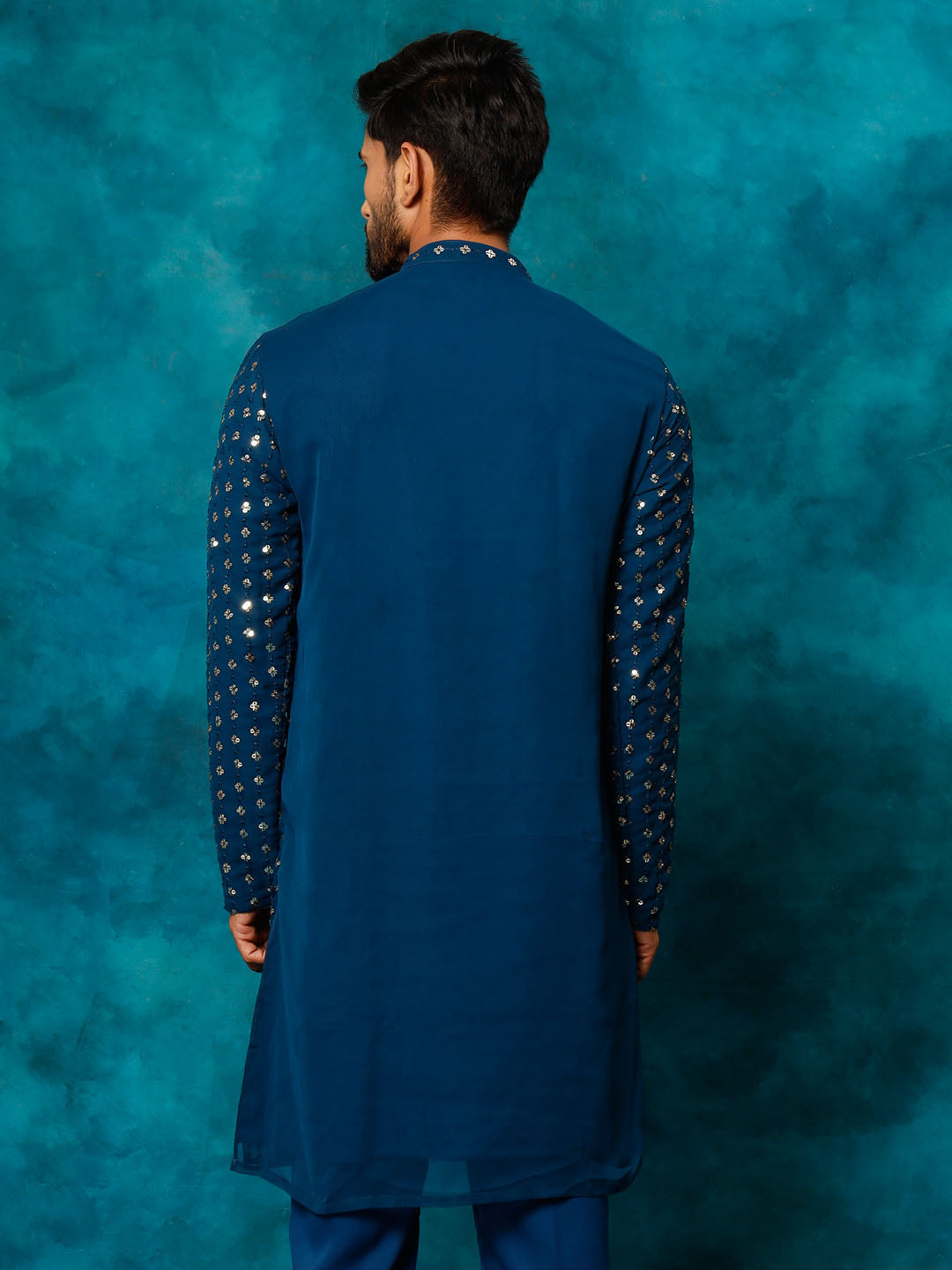 VASTRAMAY Men's Navy Blue Georgette Sequins Kurta