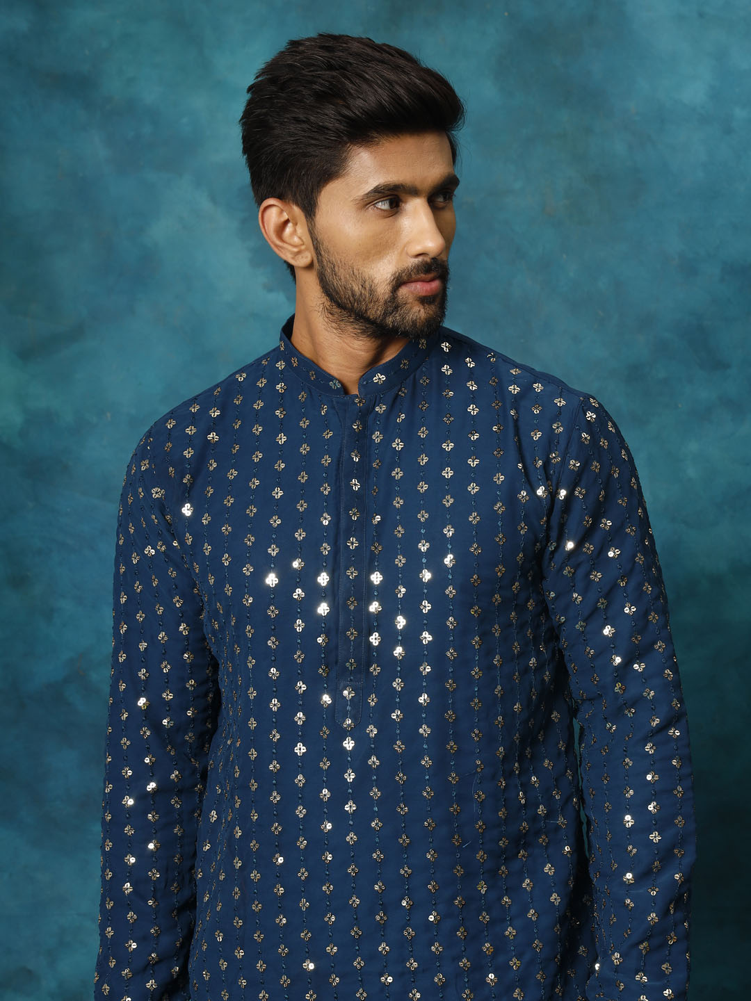 VASTRAMAY Men's Navy Blue Georgette Sequins Kurta