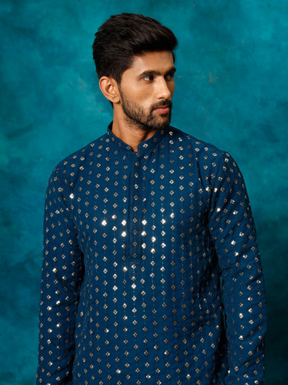 VASTRAMAY Men's Navy Blue Georgette Sequins Kurta