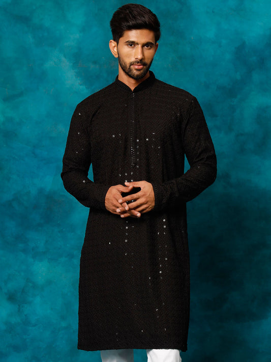 VASTRAMAY Men's Black Rayon Schiffli Kurta