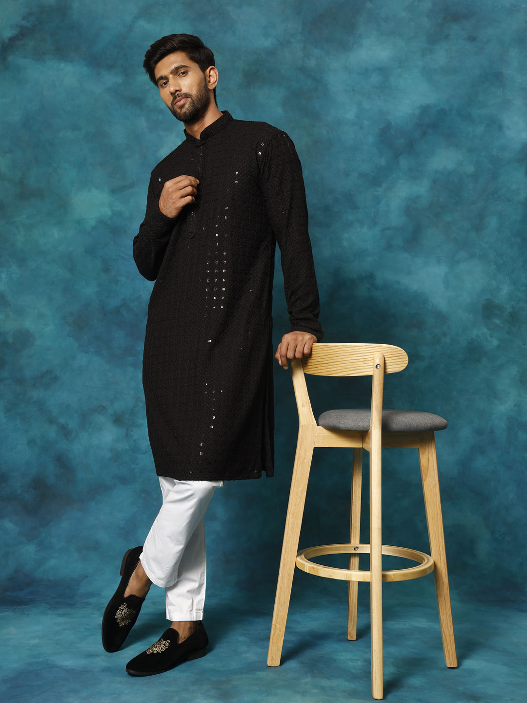 VASTRAMAY Men's Black Rayon Schiffli Kurta And Pant Set