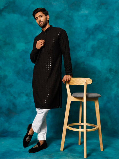 VASTRAMAY Men's Black Rayon Schiffli Kurta And Pant Set