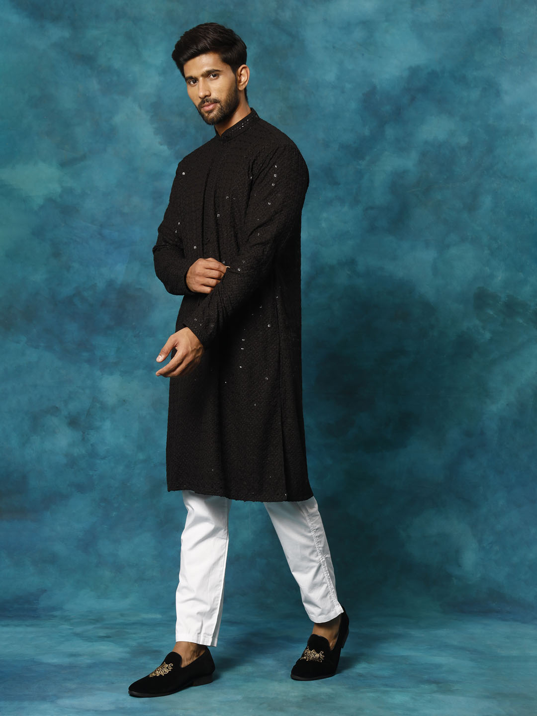 VASTRAMAY Men's Black Rayon Schiffli Kurta And Pant Set