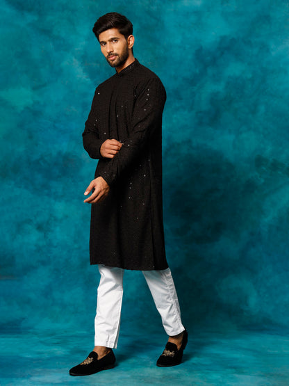 VASTRAMAY Men's Black Rayon Schiffli Kurta And Pant Set