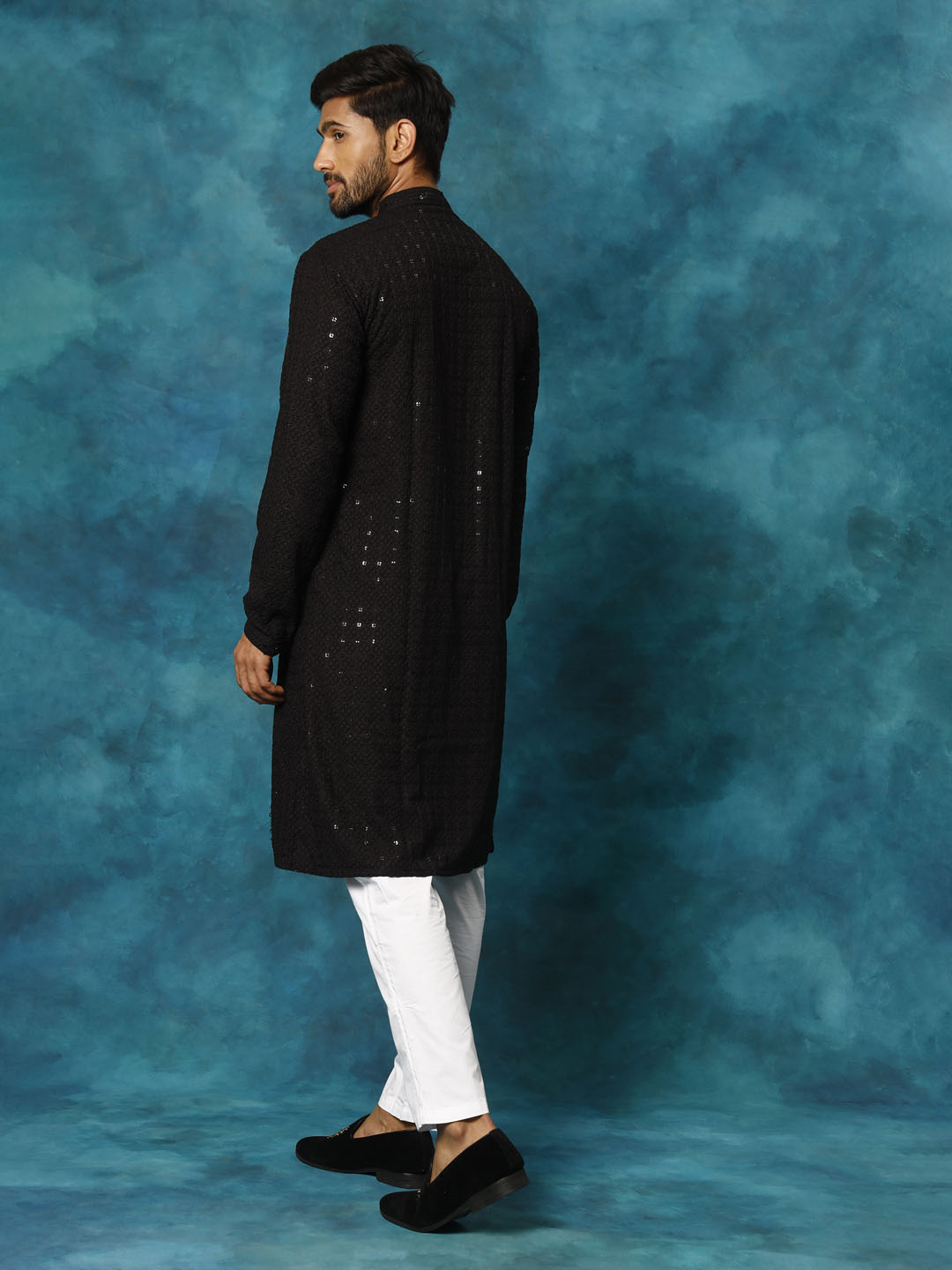 VASTRAMAY Men's Black Rayon Schiffli Kurta And Pant Set