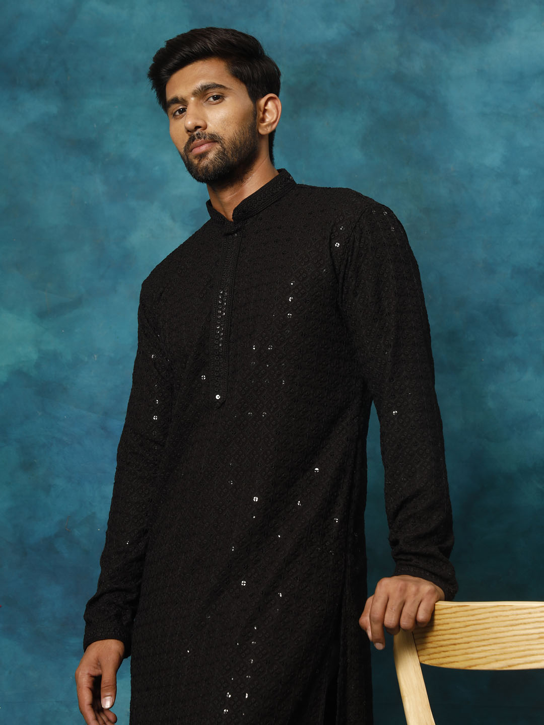 VASTRAMAY Men's Black Rayon Schiffli Kurta And Pant Set