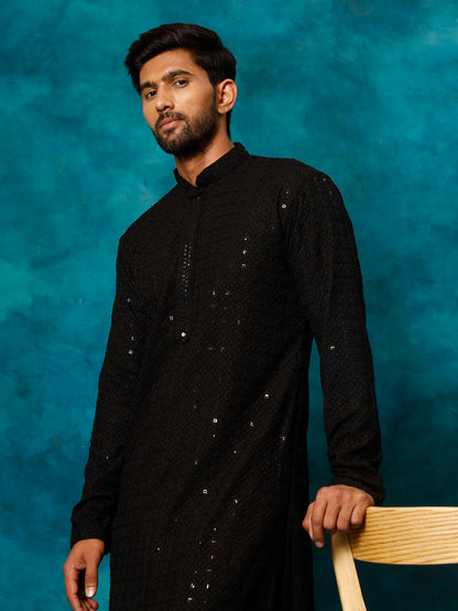 VASTRAMAY Men's Black Rayon Schiffli Kurta And Pant Set