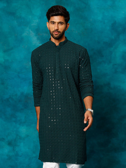 VASTRAMAY Men's Green Rayon Schiffli Kurta