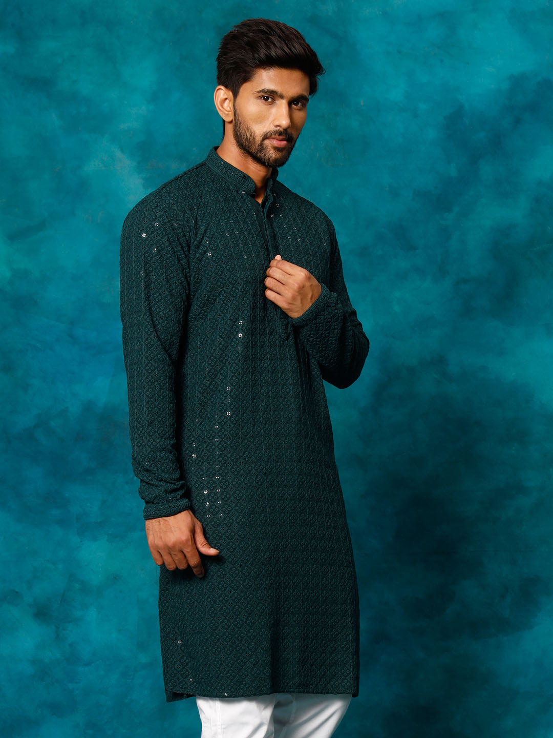 VASTRAMAY Men's Green Rayon Schiffli Kurta