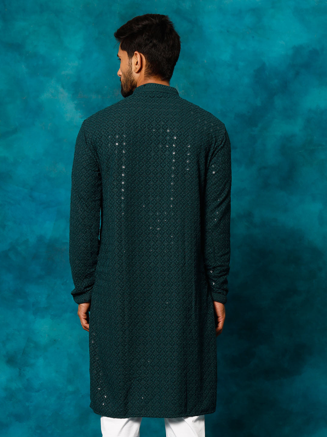 VASTRAMAY Men's Green Rayon Schiffli Kurta