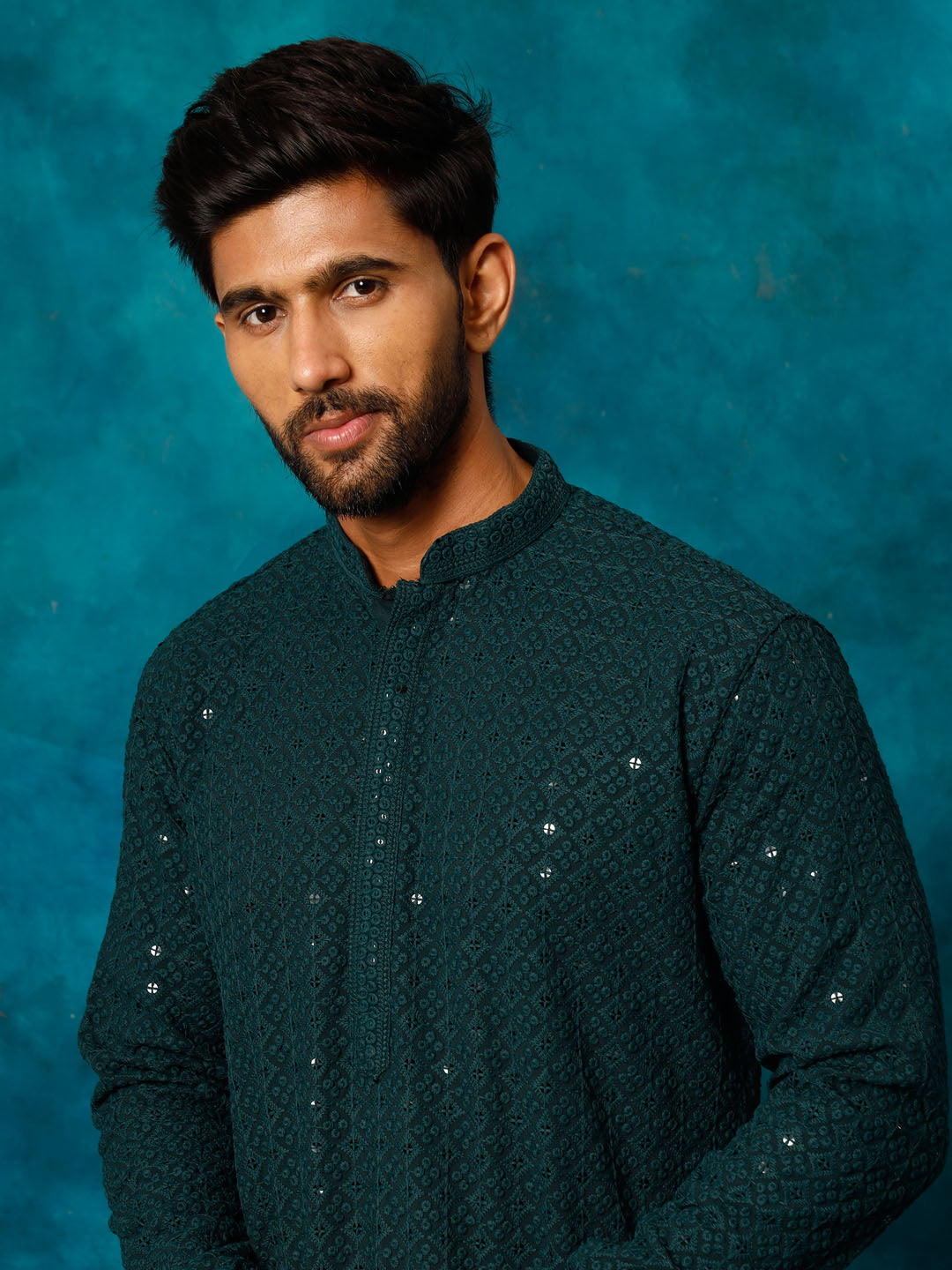 VASTRAMAY Men's Green Rayon Schiffli Kurta