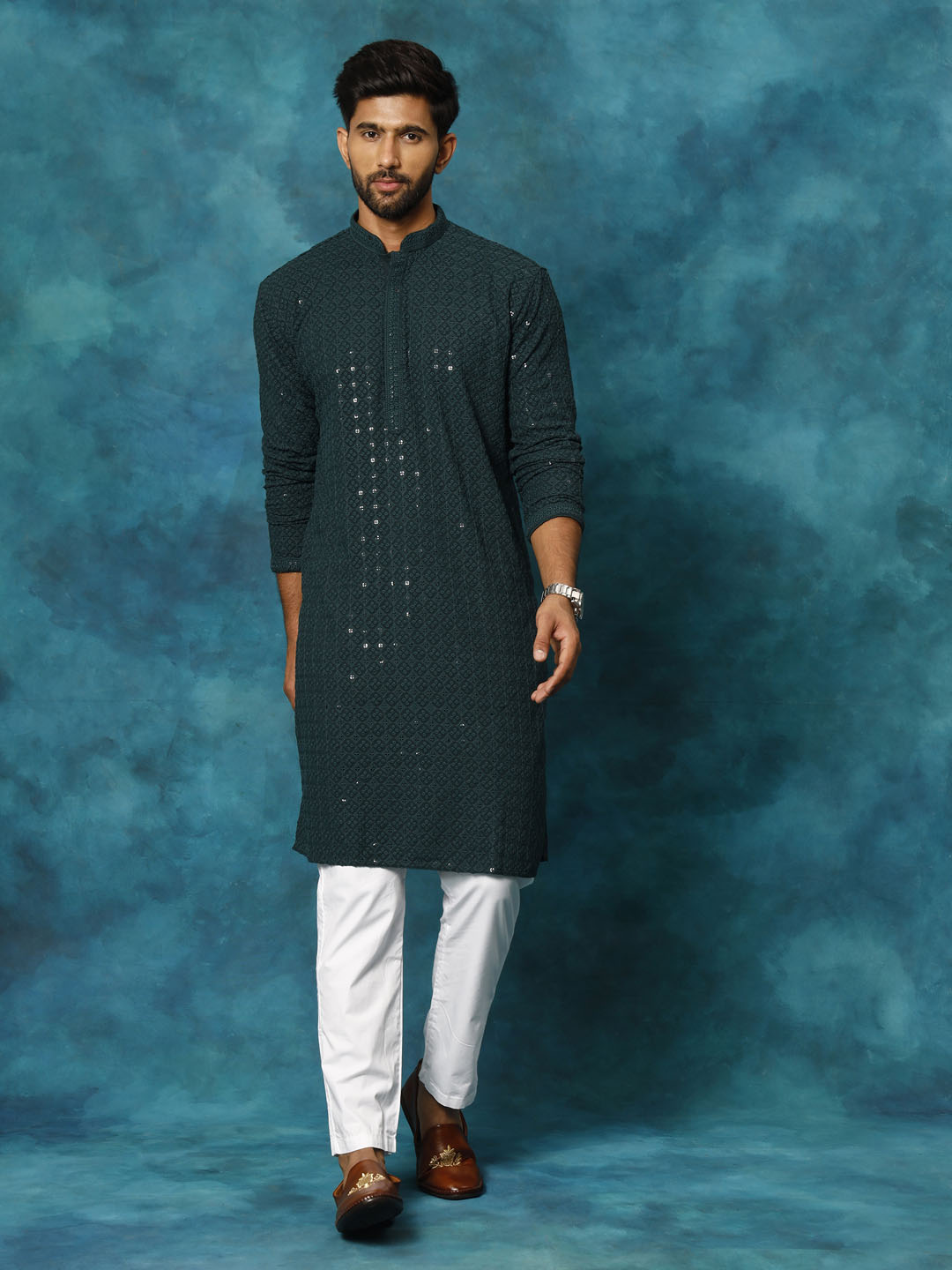 VASTRAMAY Men's Green Rayon Schiffli Kurta