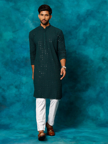 VASTRAMAY Men's Green Rayon Schiffli Kurta