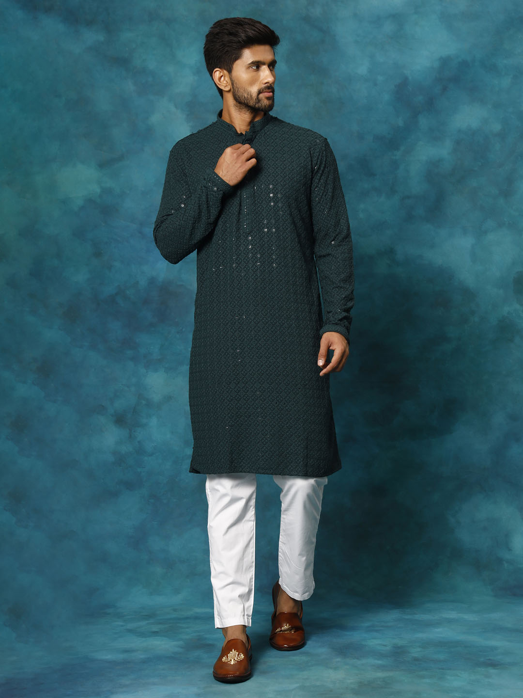 VASTRAMAY Men's Green Rayon Schiffli Kurta And Pant Set