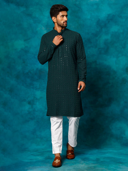 VASTRAMAY Men's Green Rayon Schiffli Kurta And Pant Set