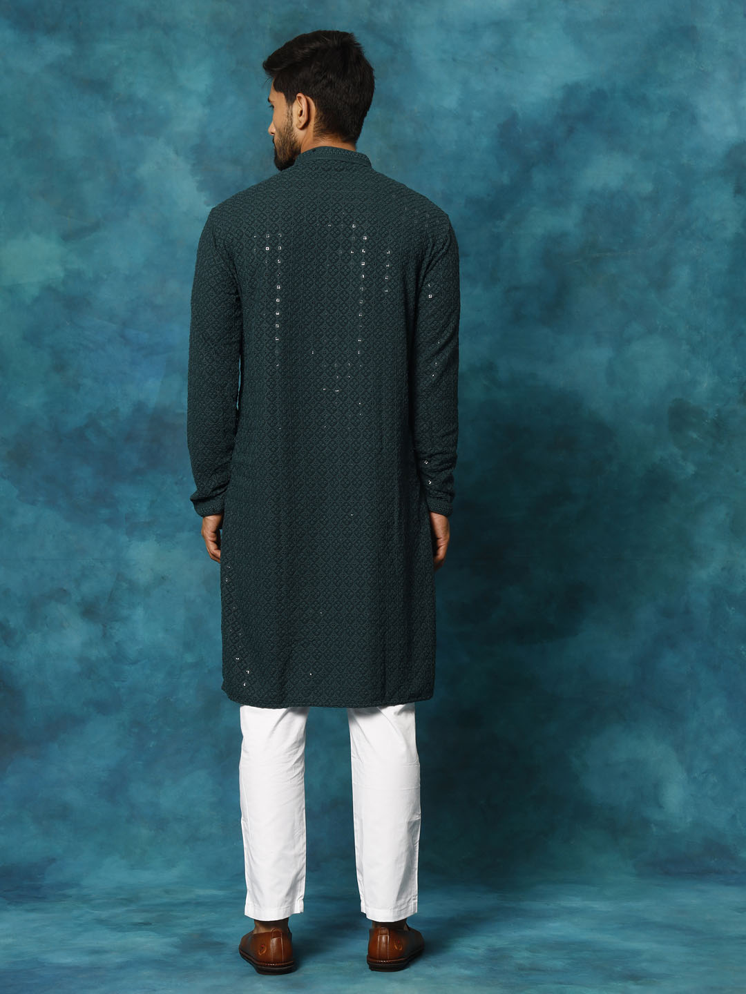 VASTRAMAY Men's Green Rayon Schiffli Kurta And Pant Set