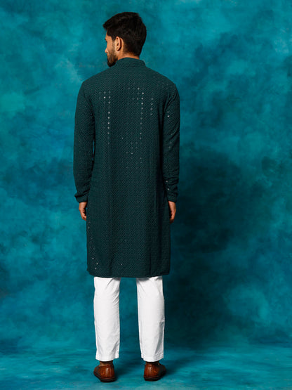 VASTRAMAY Men's Green Rayon Schiffli Kurta And Pant Set