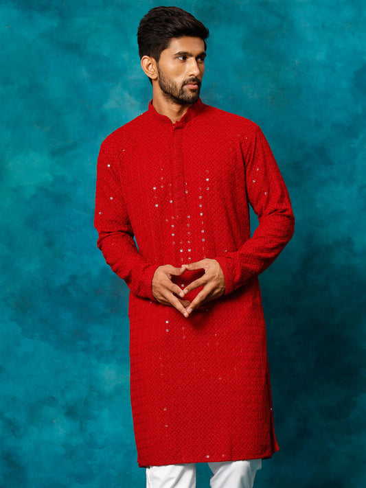 VASTRAMAY Men's Maroon Rayon Schiffli Kurta