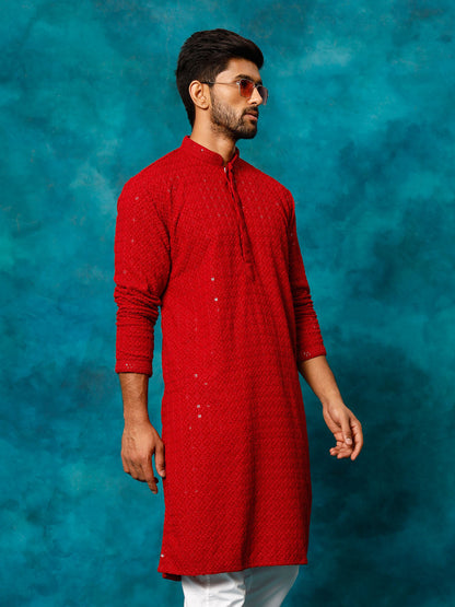 Vastramay Men's Maroon Rayon Schiffli Kurta