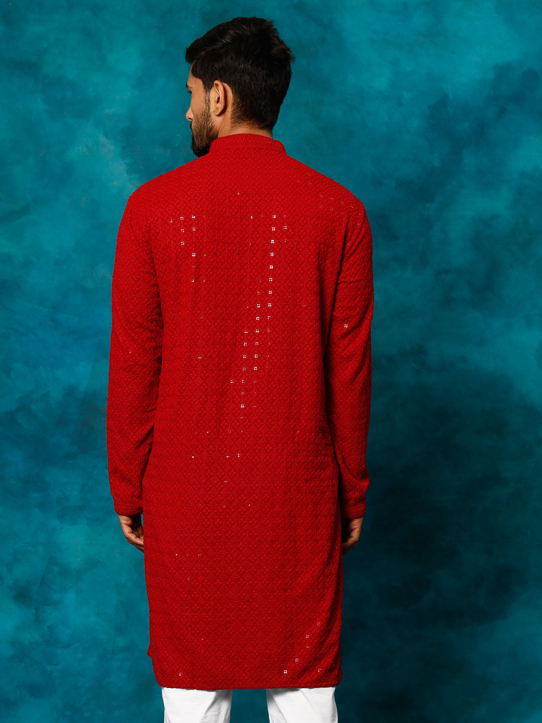 Vastramay Men's Maroon Rayon Schiffli Kurta