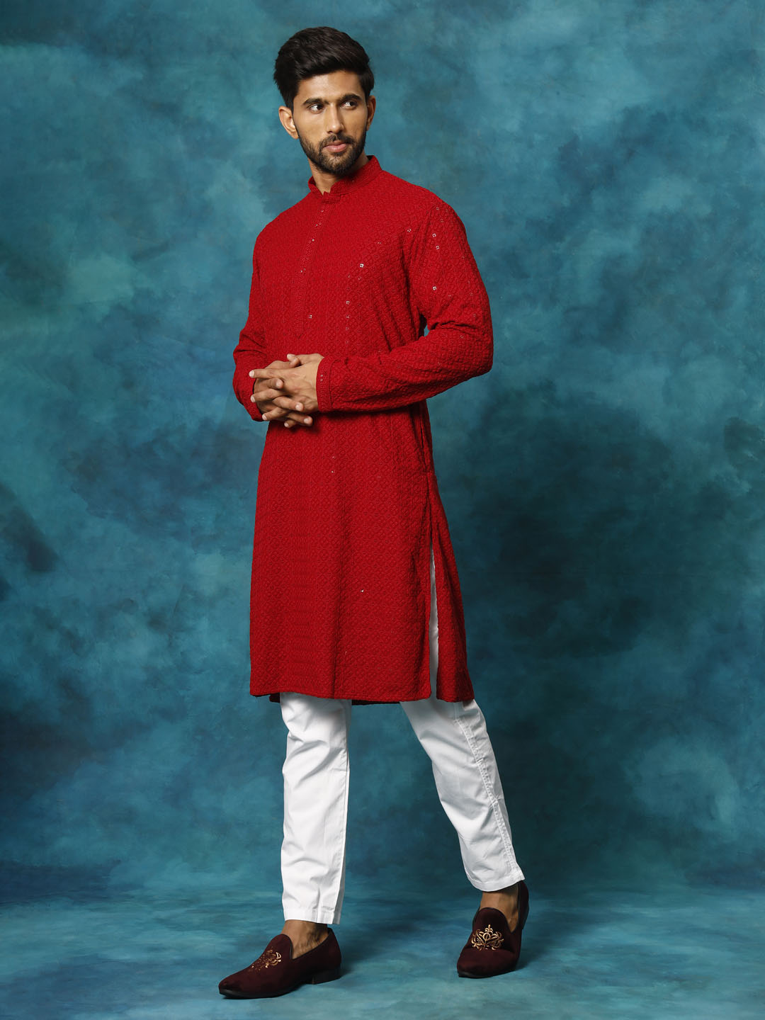 Vastramay Men's Maroon Rayon Schiffli Kurta