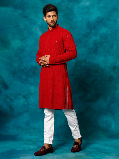 Vastramay Men's Maroon Rayon Schiffli Kurta