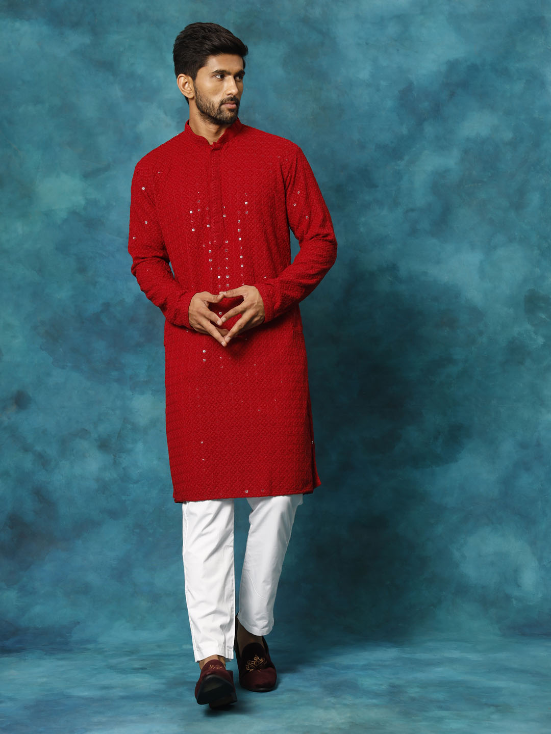 VASTRAMAY Men's Maroon Rayon Schiffli Kurta And Pant Set