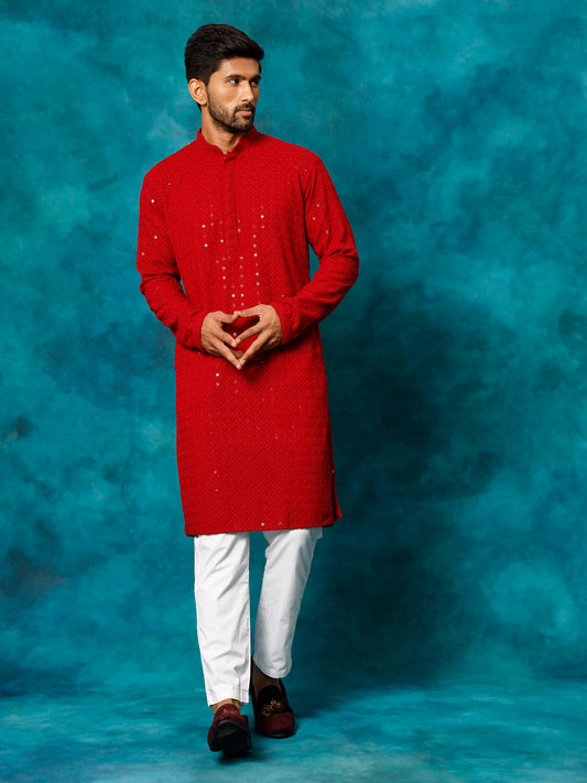 VASTRAMAY Men's Maroon Rayon Schiffli Kurta And Pant Set