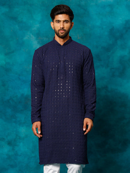 VASTRAMAY Men's Navy Blue Rayon Schiffli Kurta