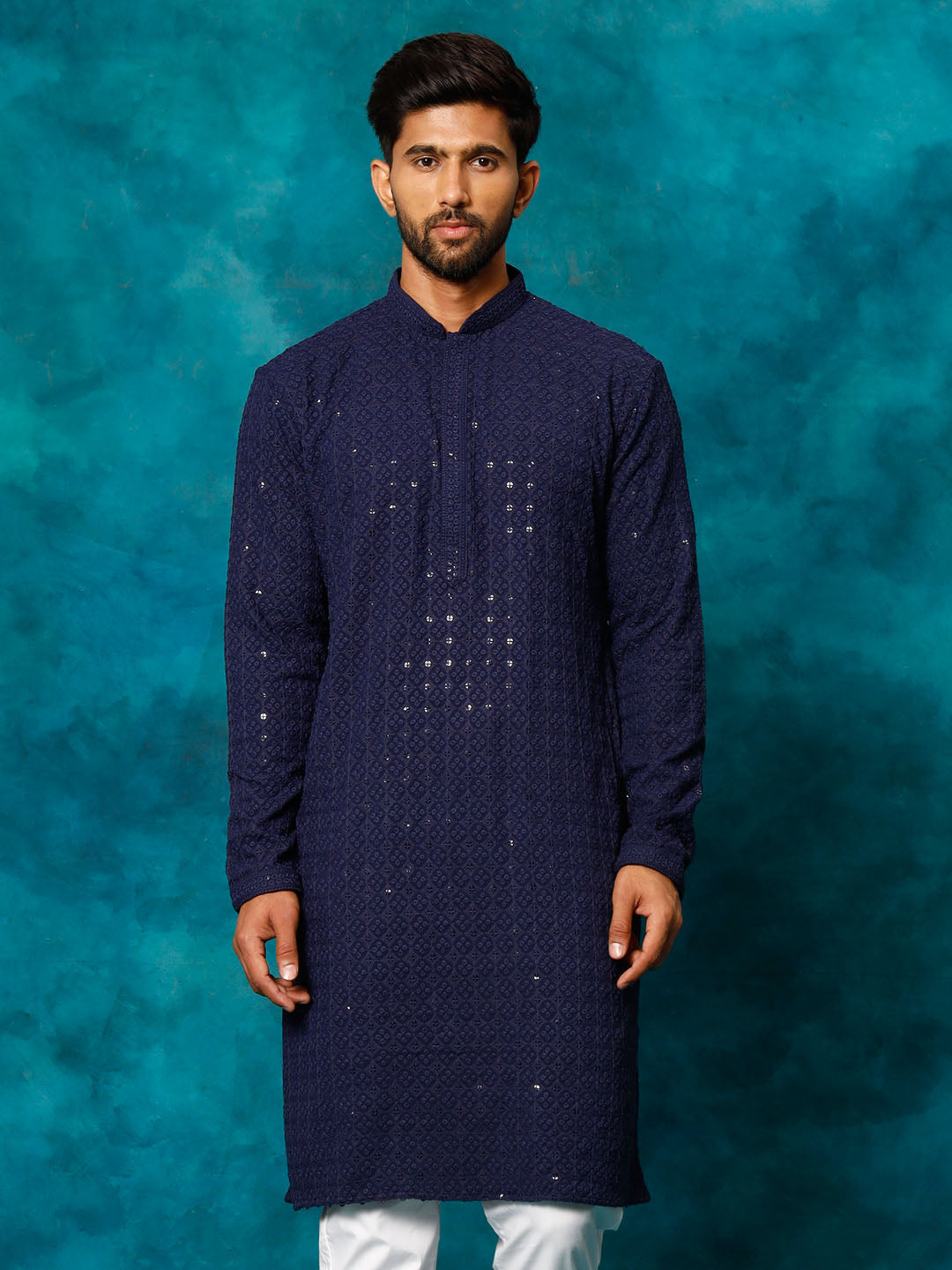 Vastramay Men's Navy Blue Rayon Schiffli Kurta