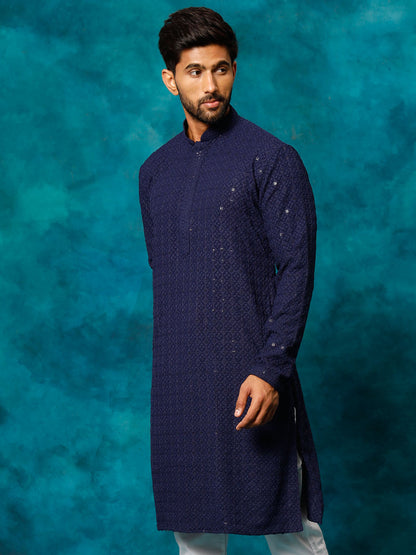 VASTRAMAY Men's Navy Blue Rayon Schiffli Kurta