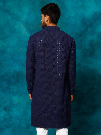 VASTRAMAY Men's Navy Blue Rayon Schiffli Kurta