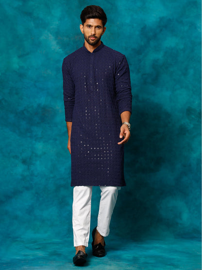 VASTRAMAY Men's Navy Blue Rayon Schiffli Kurta