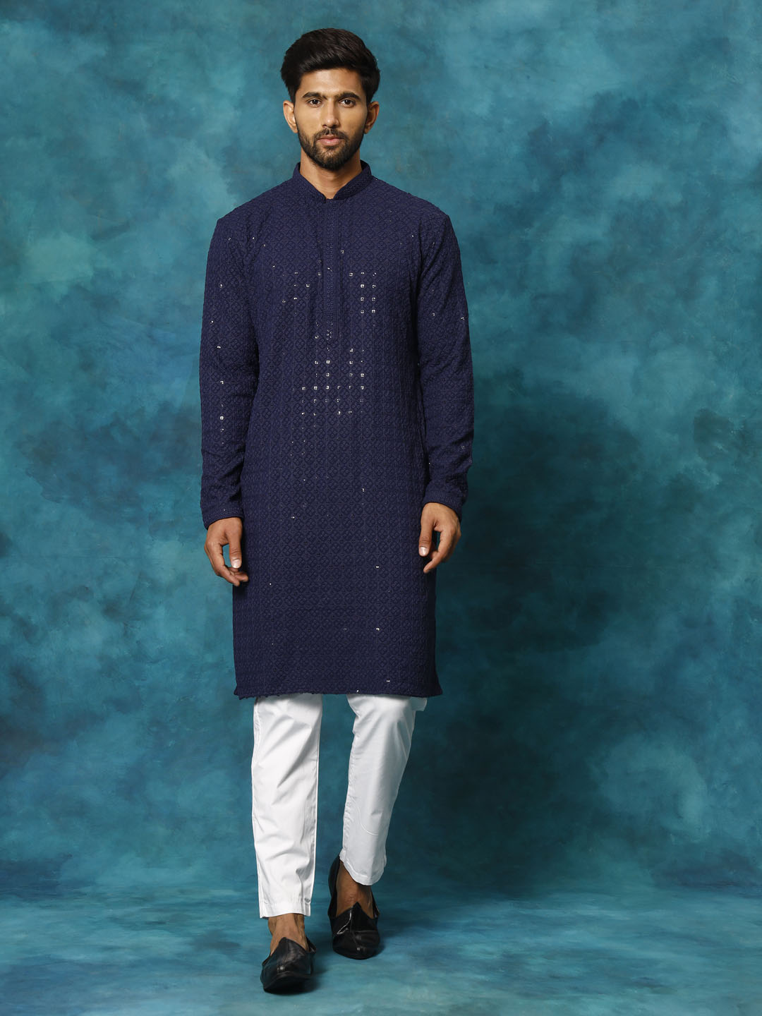 VASTRAMAY Men's Navy Blue Rayon Schiffli Kurta And Pant Set