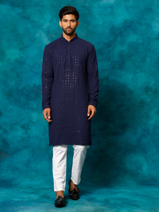 VASTRAMAY Men's Navy Blue Rayon Schiffli Kurta And Pant Set