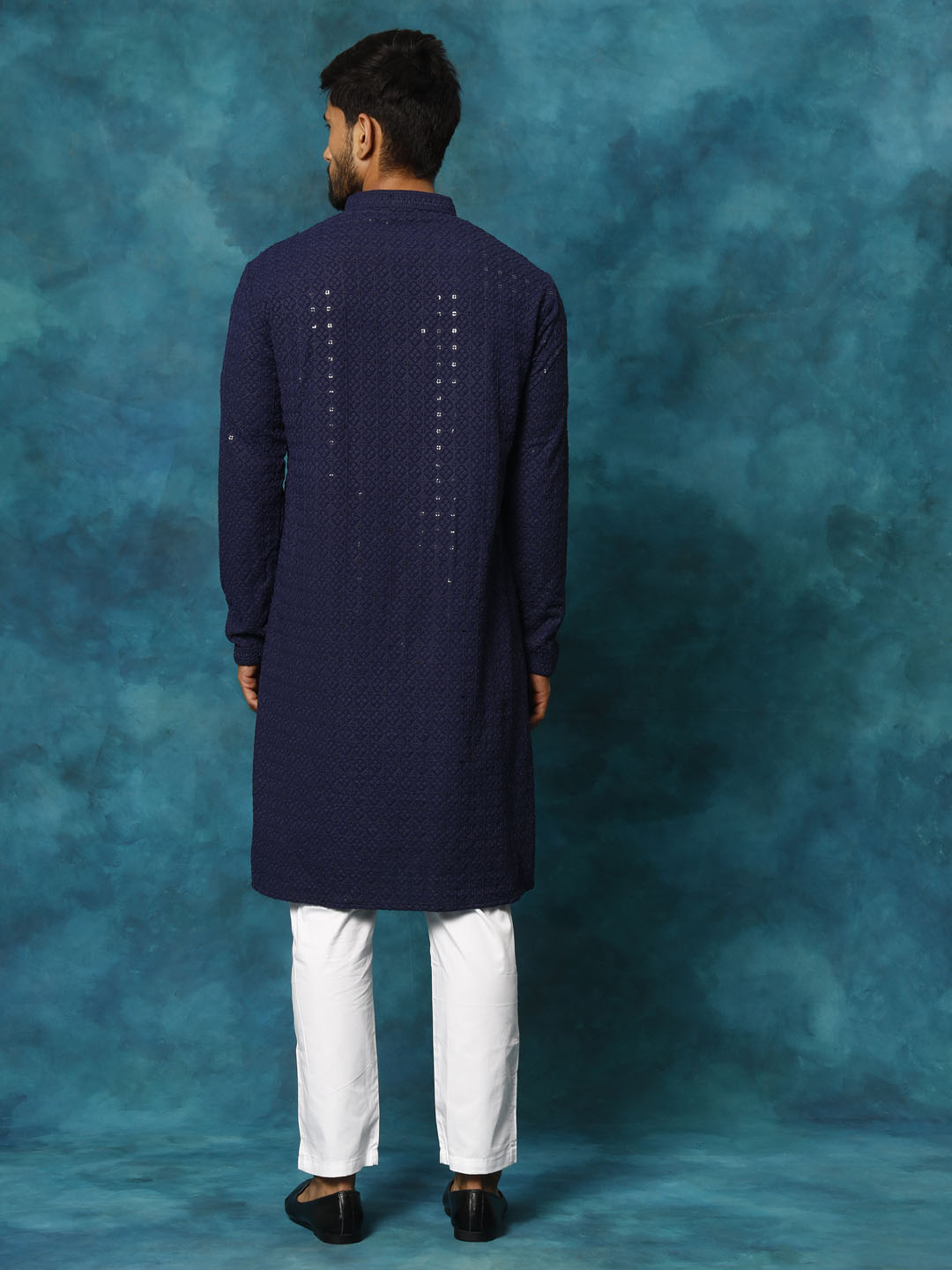 VASTRAMAY Men's Navy Blue Rayon Schiffli Kurta And Pant Set