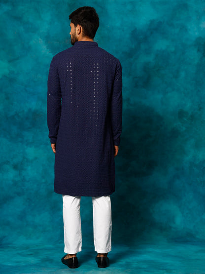 VASTRAMAY Men's Navy Blue Rayon Schiffli Kurta And Pant Set