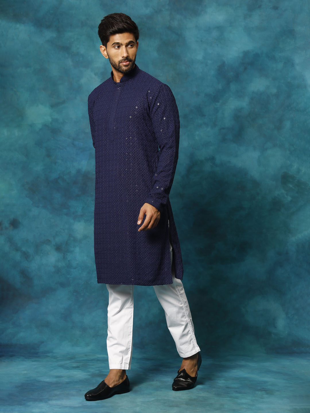 VASTRAMAY Men's Navy Blue Rayon Schiffli Kurta And Pant Set