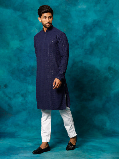 VASTRAMAY Men's Navy Blue Rayon Schiffli Kurta And Pant Set